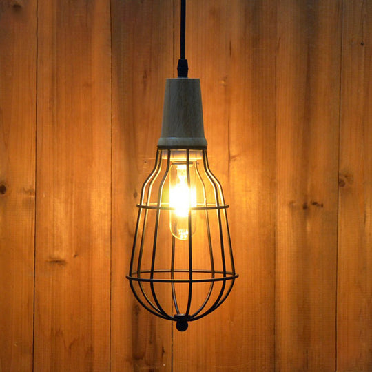 Rustic Lodge Metal Mini Caged Pendant Light for Coffee Shop - Black Finish