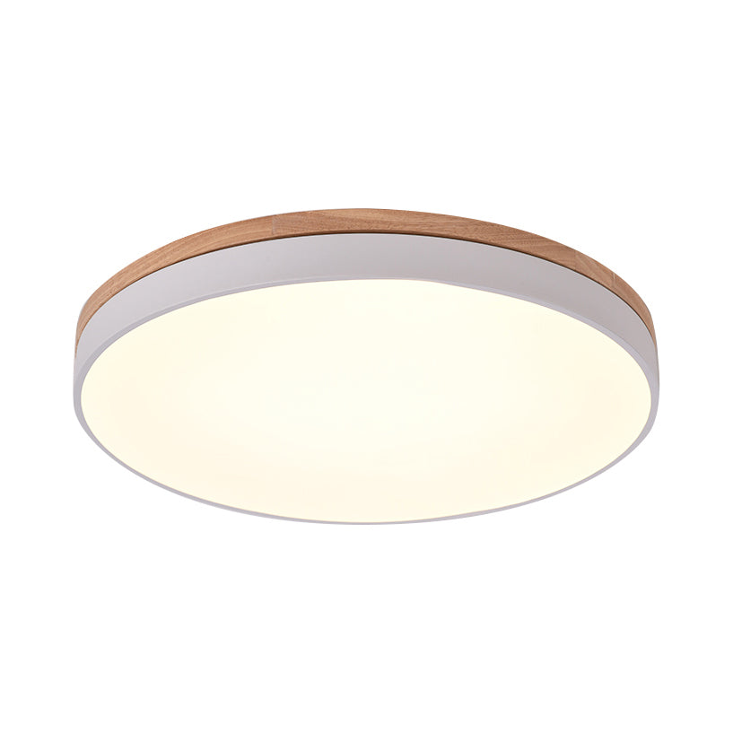 Modern Wooden LED Ceiling Lamp - Wide White Round Flush Mount - Single Light for Living Room