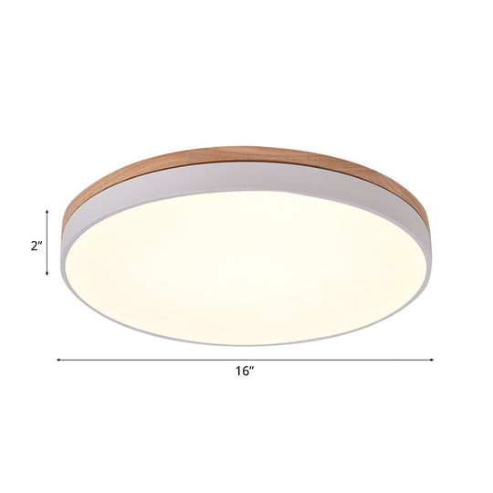 Modern Wooden LED Ceiling Lamp - Wide White Round Flush Mount - Single Light for Living Room