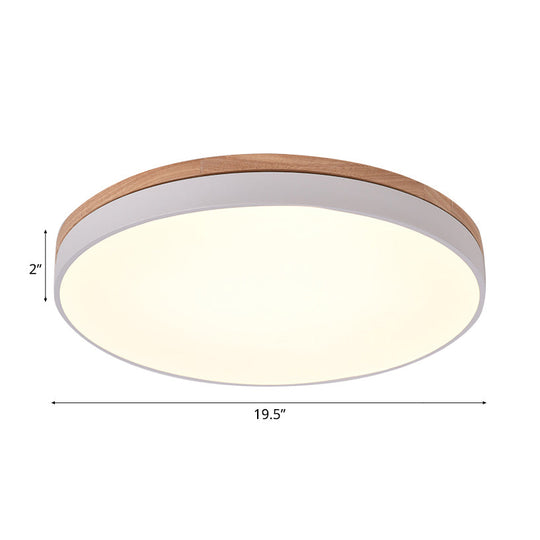 Modern Wooden LED Ceiling Lamp - Wide White Round Flush Mount - Single Light for Living Room