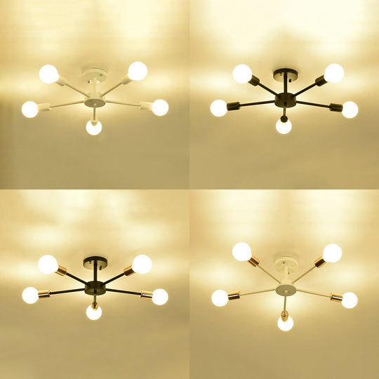 Nordic Metal Sputnik Flush Mount Ceiling Light - 5/10 Lights, White/Black Bedroom Semi Flush