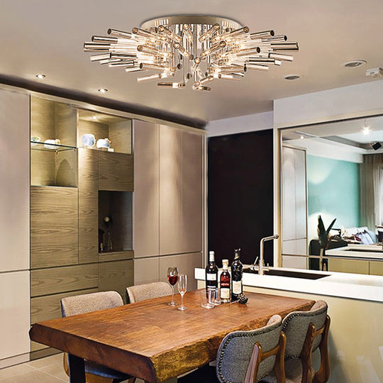 Stylish Sputnik Semi-Flush Light w/ Nine or Twenty-One Stainless Steel Lights - Ideal for Dining Rooms - Silver Tube Shade