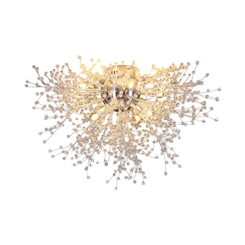 Sleek Silver Firework Semi Mount Lighting - Modern 22"/23.5" W - 8/12/16 Lights - Metal Ceiling Mount with Crystal Bead accents