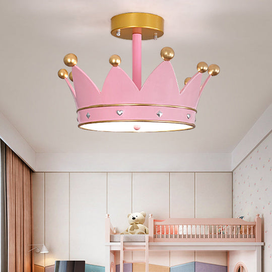 Cartoon LED Pink Finish Crown Shape Semi Flush Light - Flush Mount Lamp Fixture