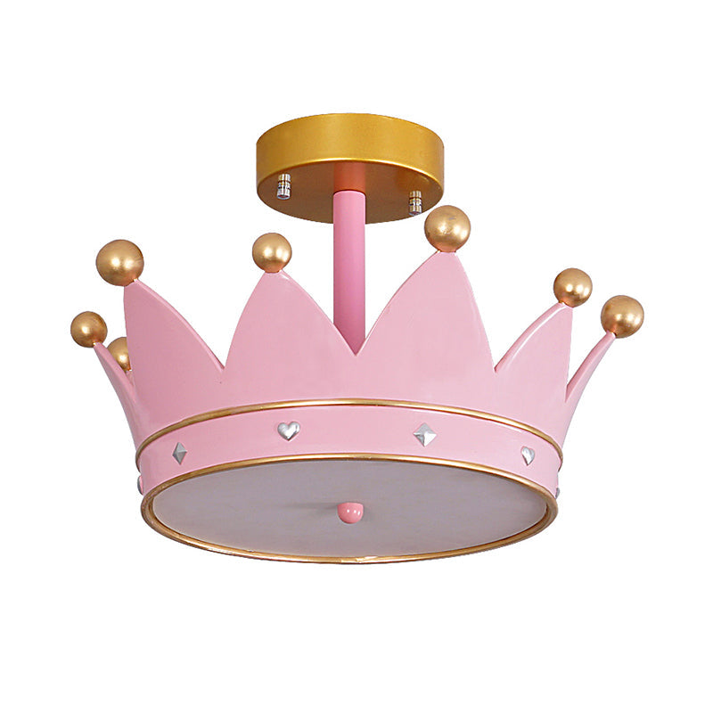 Cartoon LED Pink Finish Crown Shape Semi Flush Light - Flush Mount Lamp Fixture