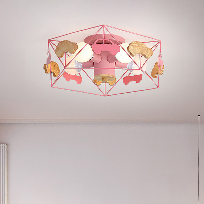 Sleek Pentagon Frame Semi-Mount Metal Lighting Macaron In Grey/Green/Pink Finish 5 Bulbs Ceiling