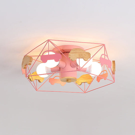 Sleek Pentagon Frame Semi-Mount Metal Lighting Macaron In Grey/Green/Pink Finish 5 Bulbs Ceiling