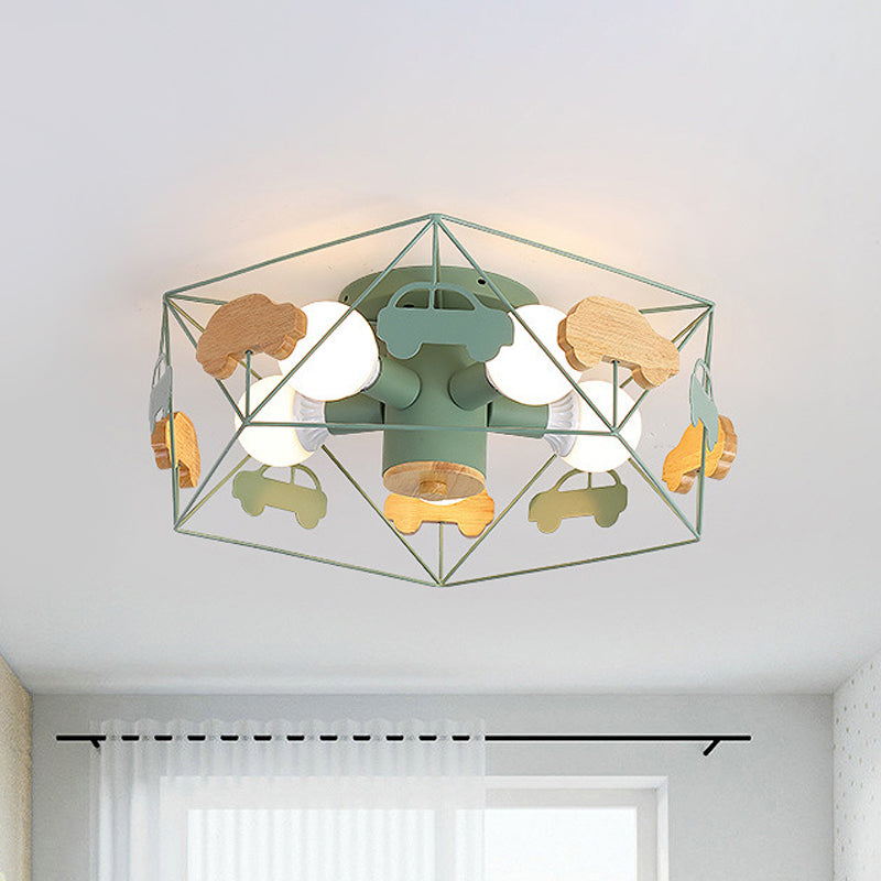 Sleek Pentagon Frame Semi-Mount Metal Lighting Macaron in Grey/Green/Pink Finish – 5 Bulbs, Ceiling Lamp with Wooden Car Deco