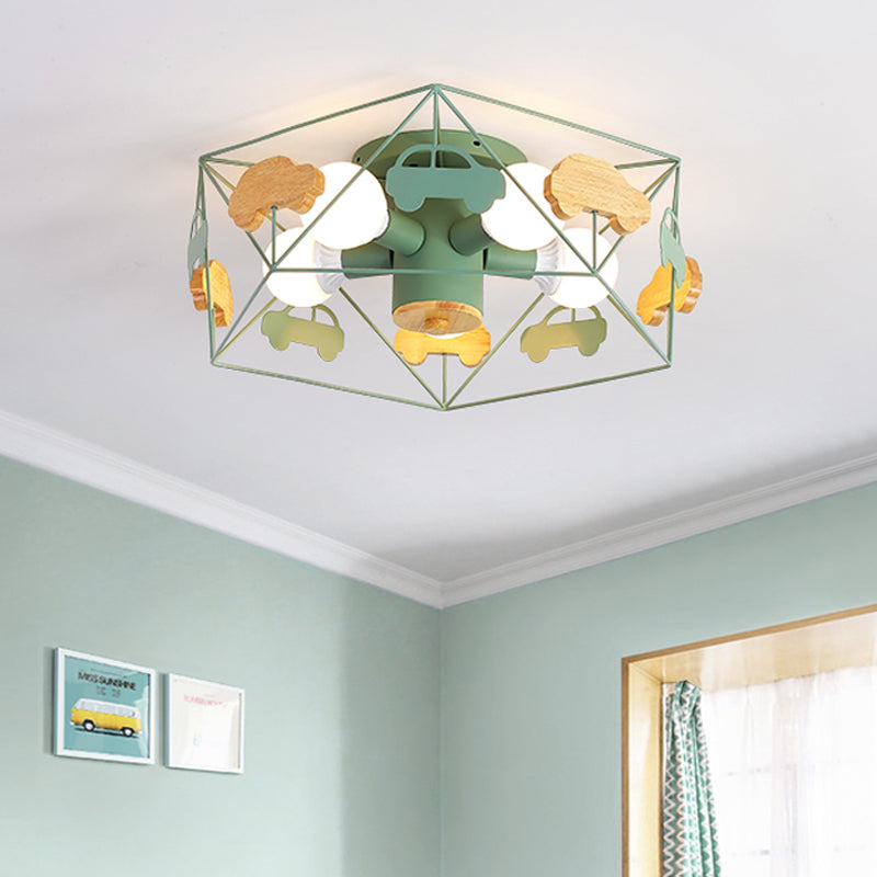 Sleek Pentagon Frame Semi-Mount Metal Lighting Macaron In Grey/Green/Pink Finish 5 Bulbs Ceiling