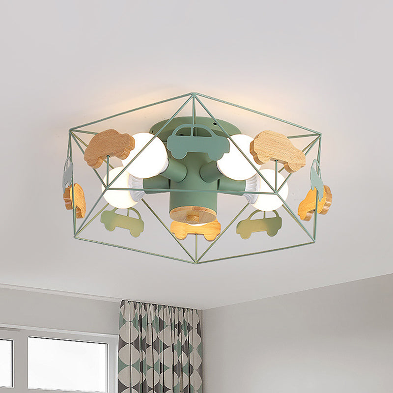 Sleek Pentagon Frame Semi-Mount Metal Lighting Macaron In Grey/Green/Pink Finish 5 Bulbs Ceiling