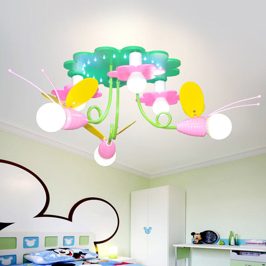 Bee-Inspired Wood Semi Flush Ceiling Lamp with 6 Green and Pink Cartoon-Style Heads