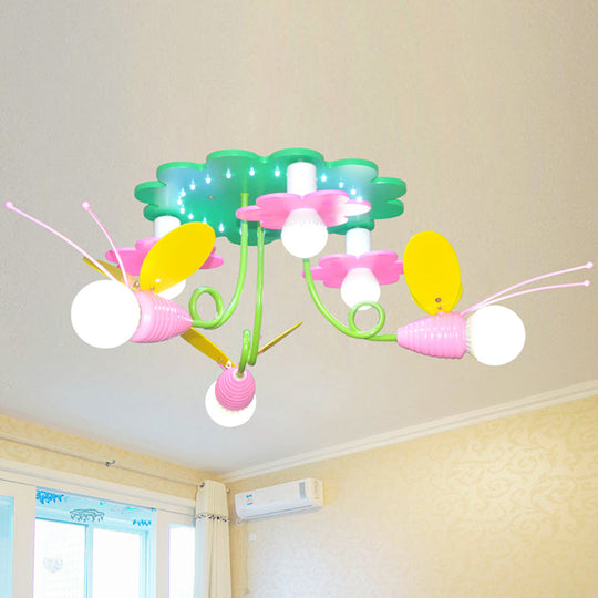 Bee-Inspired Wood Semi Flush Ceiling Lamp with 6 Green and Pink Cartoon-Style Heads