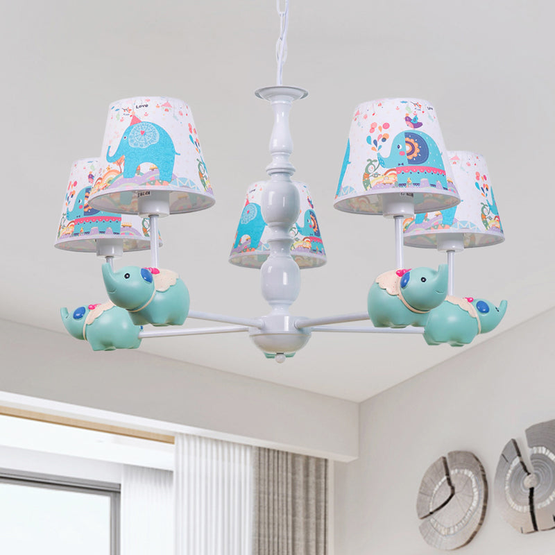 Light Blue Resin Elephant Chandelier 5/6 Heads Cartoon Style Pendant Ceiling With Fabric Shade &