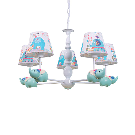 Light Blue Resin Elephant Chandelier 5/6 Heads Cartoon Style Pendant Ceiling With Fabric Shade &