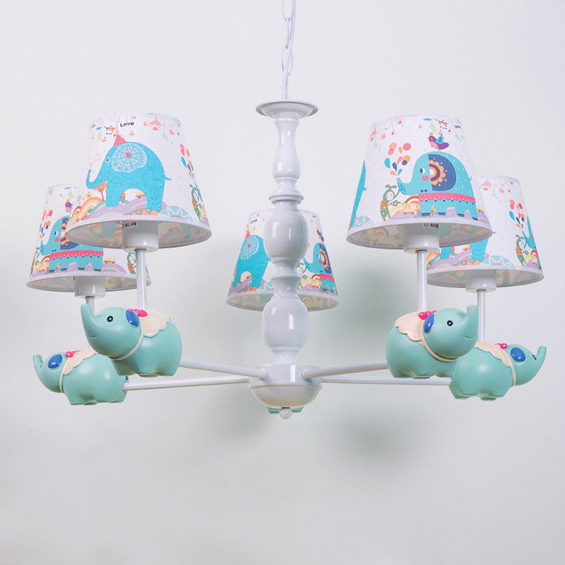 Light Blue Resin Elephant Chandelier 5/6 Heads Cartoon Style Pendant Ceiling With Fabric Shade &