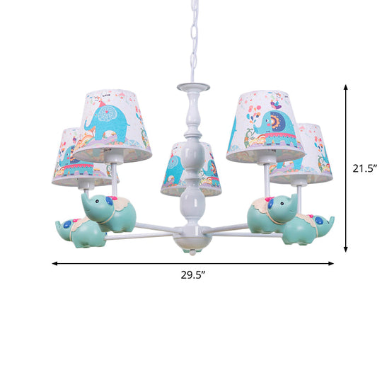 Light Blue Resin Elephant Chandelier 5/6 Heads Cartoon Style Pendant Ceiling With Fabric Shade &