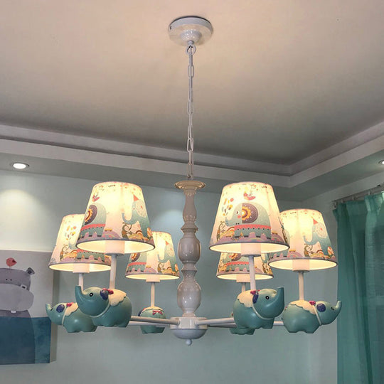 Light Blue Resin Elephant Chandelier 5/6 Heads Cartoon Style Pendant Ceiling With Fabric Shade &