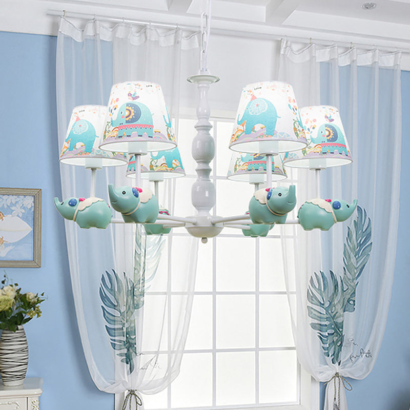 Light Blue Resin Elephant Chandelier 5/6 Heads Cartoon Style Pendant Ceiling With Fabric Shade &