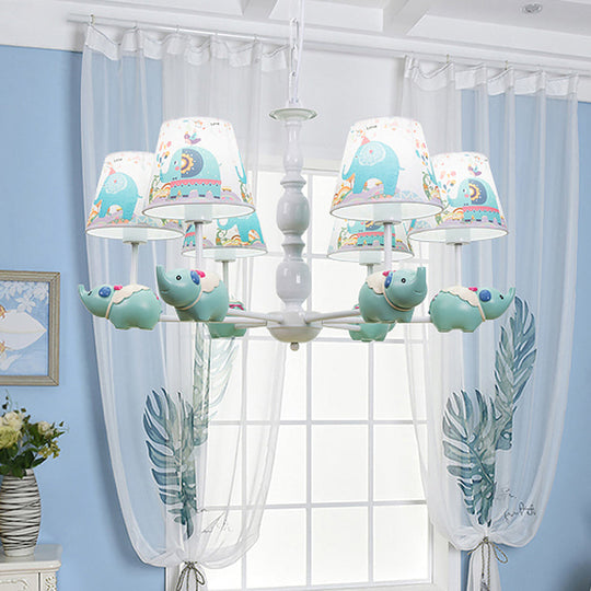 Light Blue Resin Elephant Chandelier 5/6 Heads Cartoon Style Pendant Ceiling With Fabric Shade &