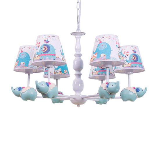 Light Blue Resin Elephant Chandelier 5/6 Heads Cartoon Style Pendant Ceiling With Fabric Shade &