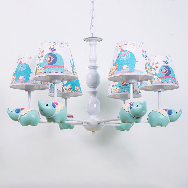 Light Blue Resin Elephant Chandelier 5/6 Heads Cartoon Style Pendant Ceiling With Fabric Shade &