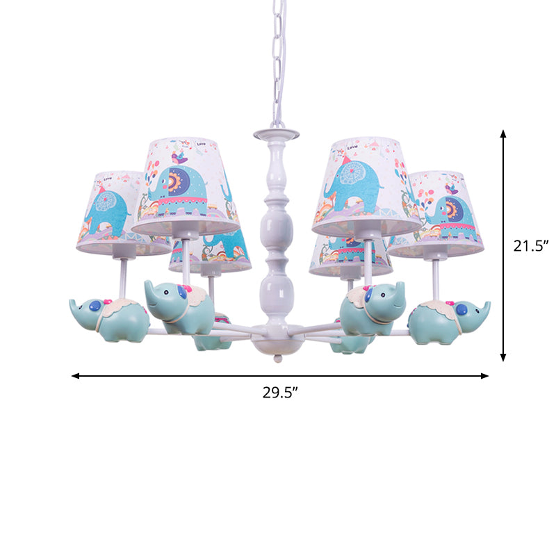 Light Blue Resin Elephant Chandelier 5/6 Heads Cartoon Style Pendant Ceiling With Fabric Shade &