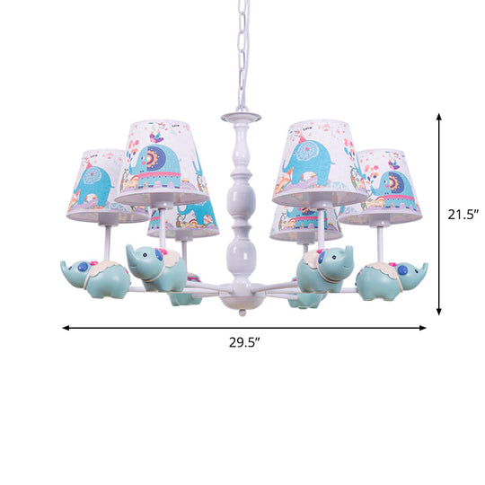 Light Blue Resin Elephant Chandelier 5/6 Heads Cartoon Style Pendant Ceiling With Fabric Shade &