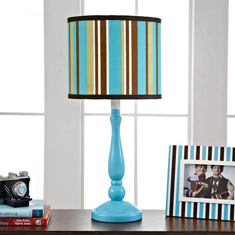 Modern Blue Nightstand Lamp With Fabric Drum Shade - 1 Bulb Bedroom Night Table Light