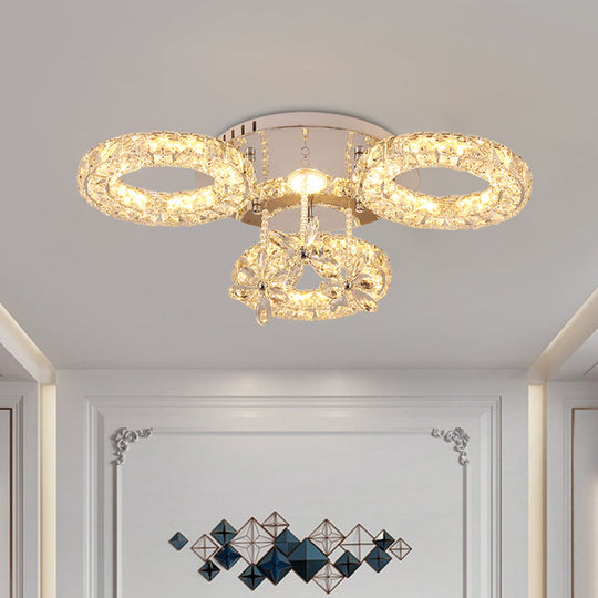 Modern LED Crystal Semi Flush Lamp with Nickel Hoop and Flower Design for Close to Ceiling Lighting