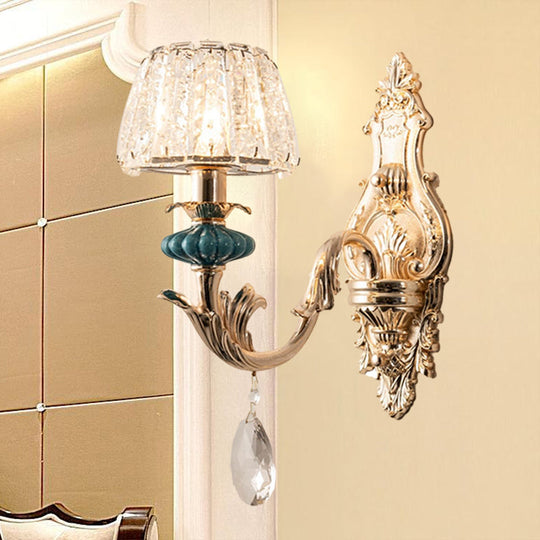 Small Gold Drum Wall Mount Traditional Seedy Crystal Bedroom Lamp Fixture