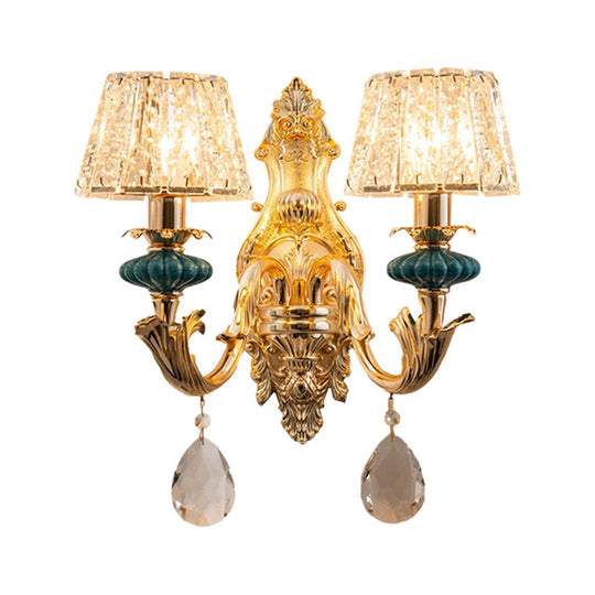 Small Gold Drum Wall Mount Traditional Seedy Crystal Bedroom Lamp Fixture