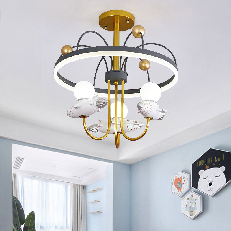 Gold and Grey Kid's Semi-Flush Chandelier with Rocket and Orbit Resin, 3-Bulb Ceiling Mount