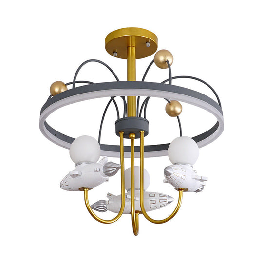 Gold and Grey Kid's Semi-Flush Chandelier with Rocket and Orbit Resin, 3-Bulb Ceiling Mount