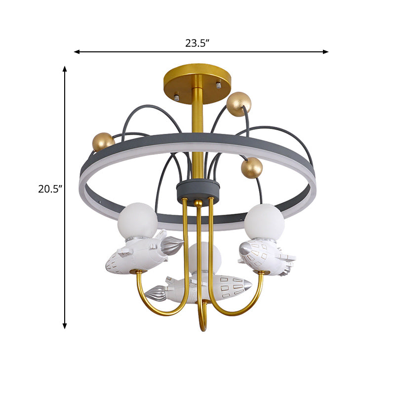 Gold and Grey Kid's Semi-Flush Chandelier with Rocket and Orbit Resin, 3-Bulb Ceiling Mount