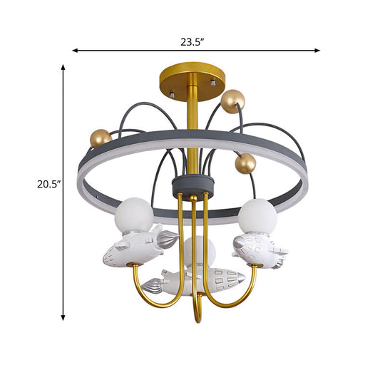 Gold and Grey Kid's Semi-Flush Chandelier with Rocket and Orbit Resin, 3-Bulb Ceiling Mount