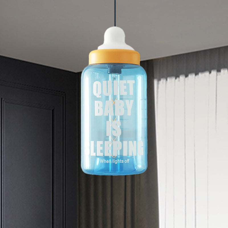 Blue Glass Kids Style Milk Bottle Pendant - 1-Head Baby Room Hanging Ceiling Light