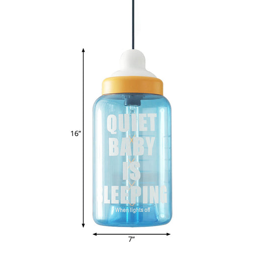 Blue Glass Kids Style Milk Bottle Pendant - 1-Head Baby Room Hanging Ceiling Light