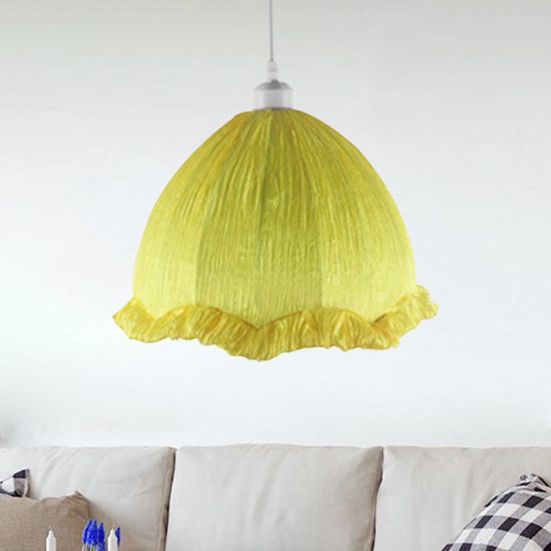 Dome Bedside Pendant Lamp - Modern Hanging Light In Yellow With Scalloped Trim 12/16 Wide Fabric 1