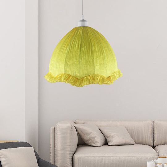 Dome Bedside Pendant Lamp - Modern Hanging Light In Yellow With Scalloped Trim 12/16 Wide Fabric 1