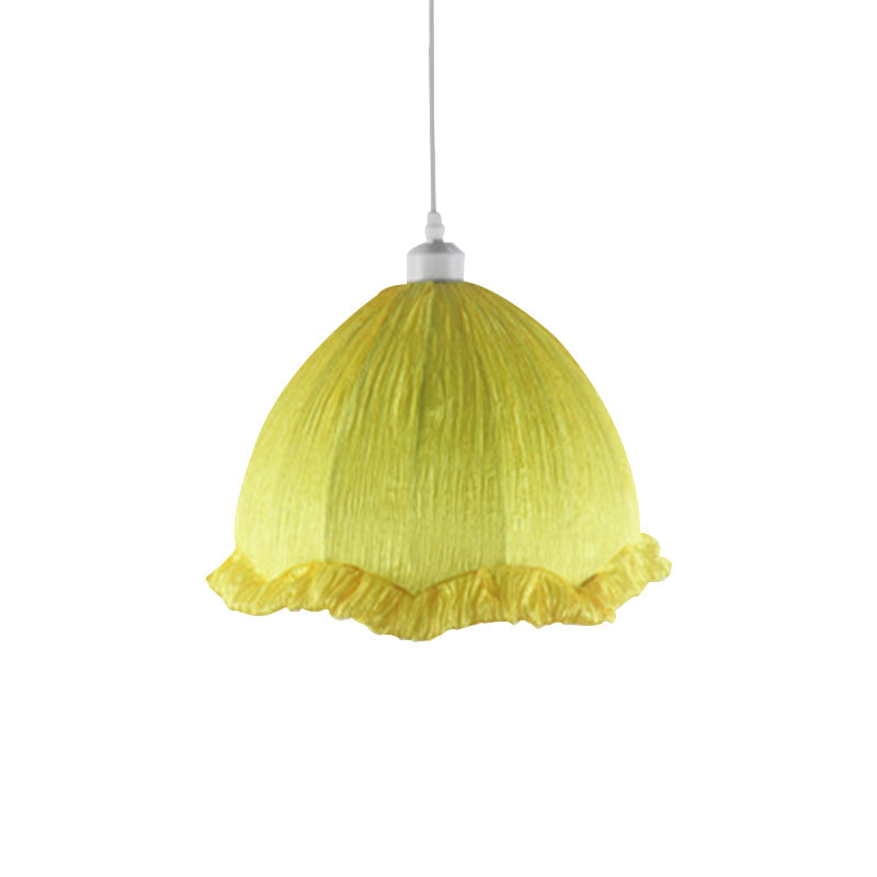 Dome Bedside Pendant Lamp - Modern Hanging Light In Yellow With Scalloped Trim 12/16 Wide Fabric 1