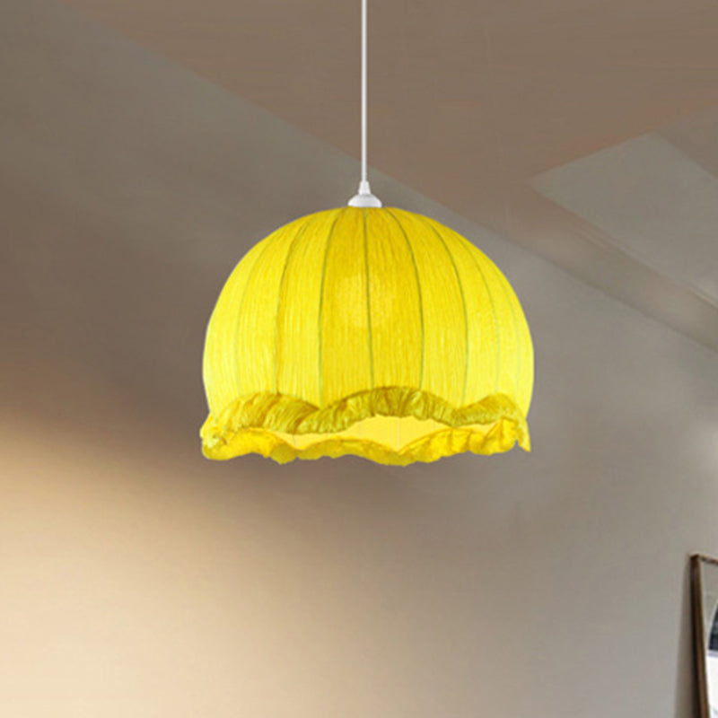 Dome Bedside Pendant Lamp - Modern Hanging Light In Yellow With Scalloped Trim 12/16 Wide Fabric 1