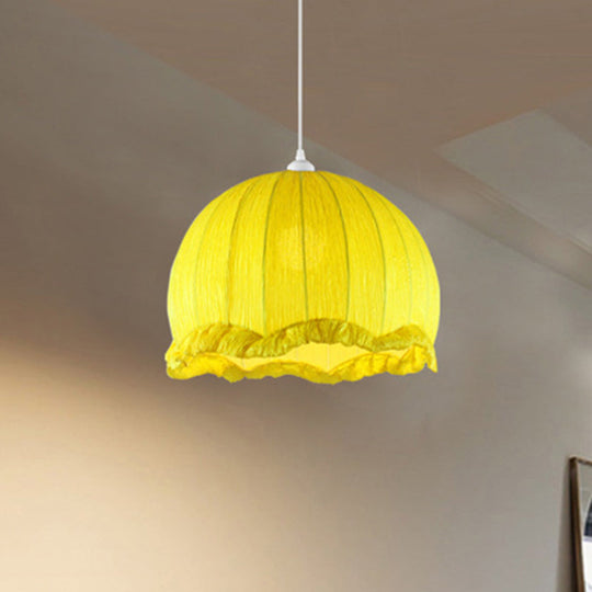 Dome Bedside Pendant Lamp - Modern Hanging Light In Yellow With Scalloped Trim 12/16 Wide Fabric 1