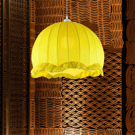 Dome Bedside Pendant Lamp - Modern Hanging Light In Yellow With Scalloped Trim 12/16 Wide Fabric 1