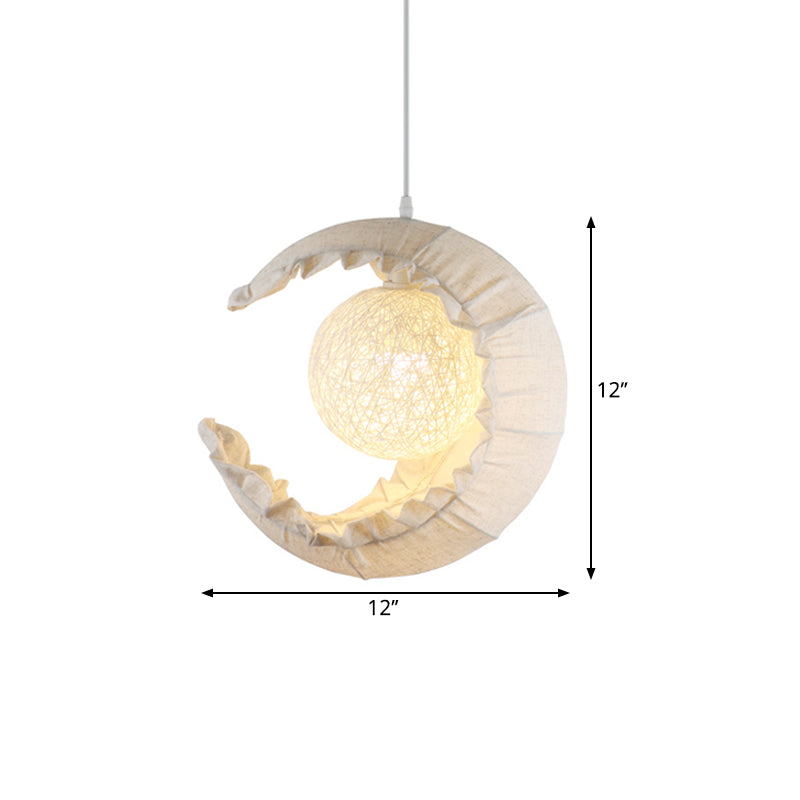 Nordic Rattan Crescent Pendant Light Fixture With Flaxen Fabric Shade - Single Ceiling Hanging For