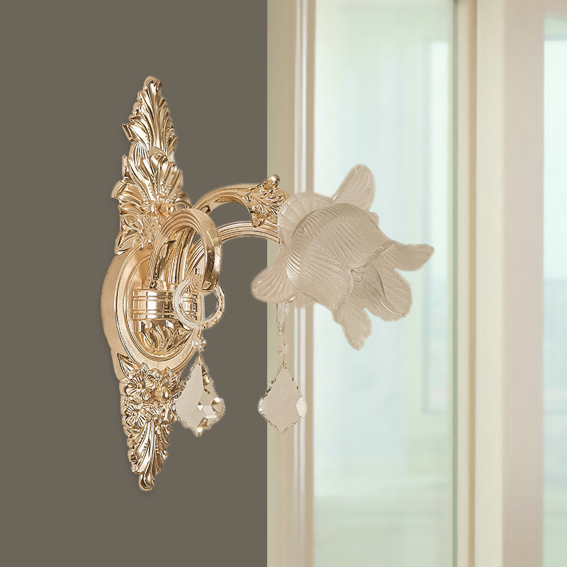 Bluebells Frosted Glass Wall Sconce In Gold For Traditional Family Room