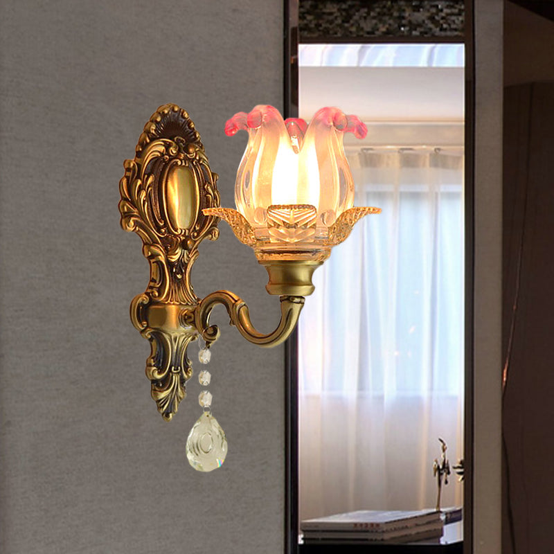 Retro Flower Wall Sconce Light: 1 Bulb Pink-Clear Fading Glass In Brass For Vintage-Inspired