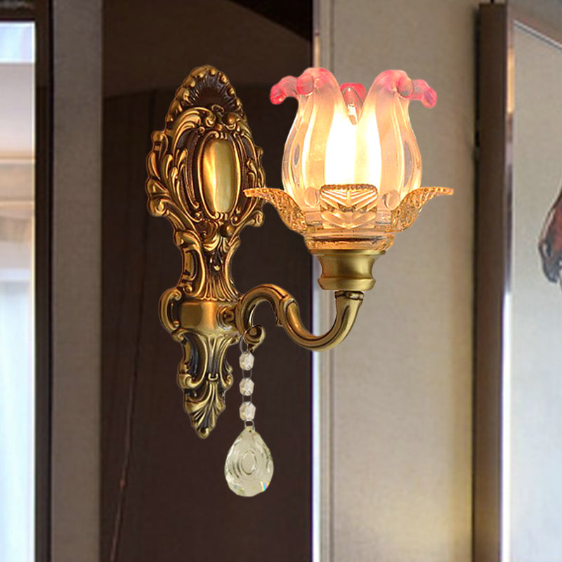 Retro Flower Wall Sconce Light: 1 Bulb Pink-Clear Fading Glass In Brass For Vintage-Inspired