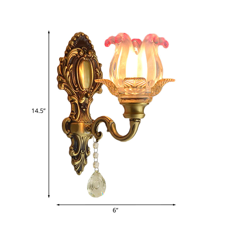 Retro Flower Wall Sconce Light: 1 Bulb Pink-Clear Fading Glass In Brass For Vintage-Inspired