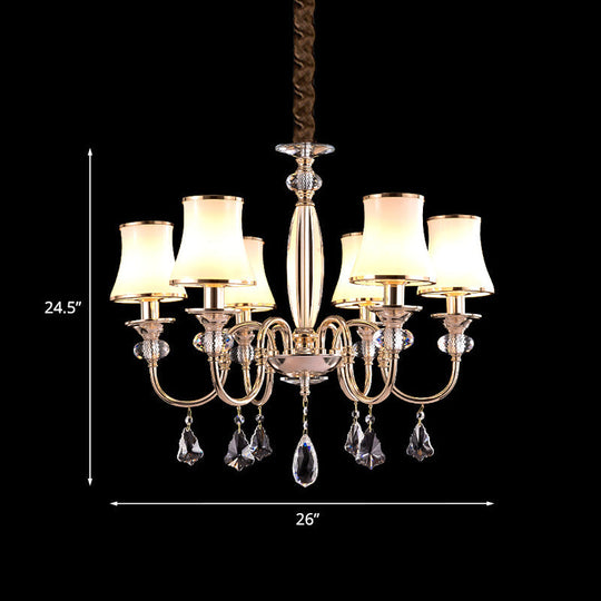 Flared Shade Chandelier - Opaline Glass Hanging Lamp Gold Finish With Crystal Drop 6 Bulbs