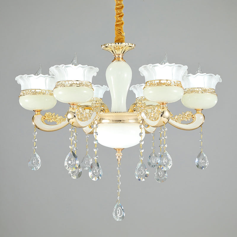 Modern Gold Chandelier With White Glass Shade For Bedroom Ceiling - 6 Head Pendant Ruffle-Edge Jar